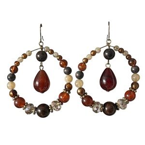 Vintage Beautiful Brown Beaded Circle Bead Dangly Earrings